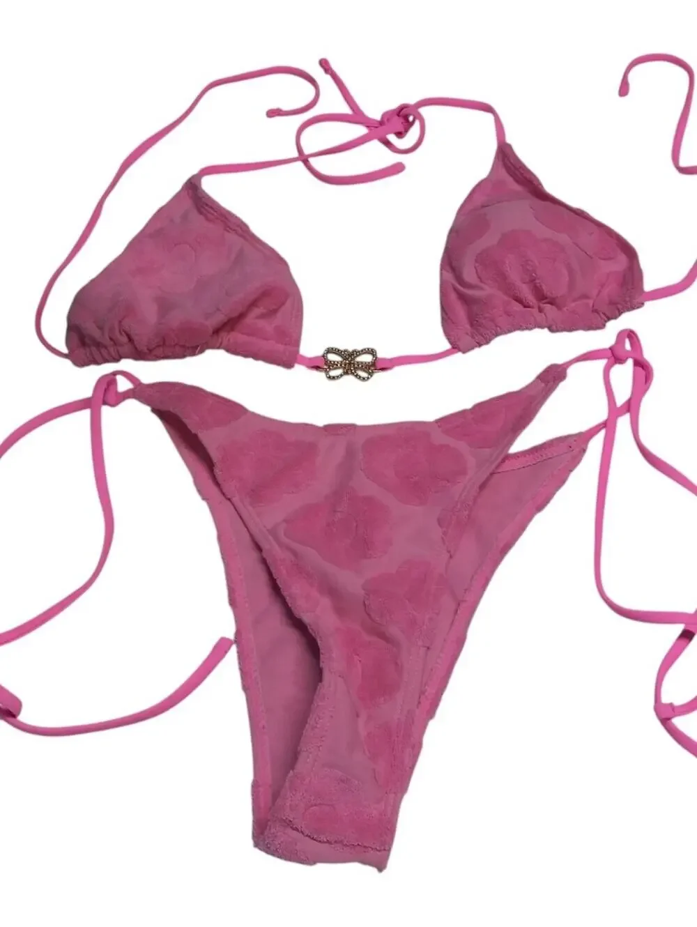 Pink Terry Cloth Tie-Strap Triangle Bikini Set with Heart Texture Size M